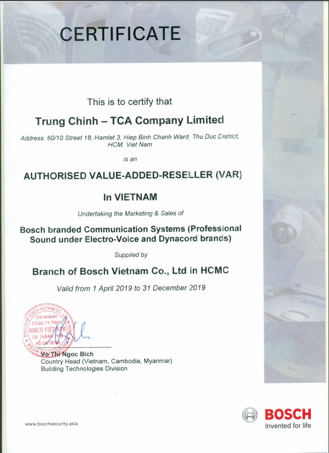 TCA  Trung Chính Audio là đại lý ủy quyền của Bosch Vietnam